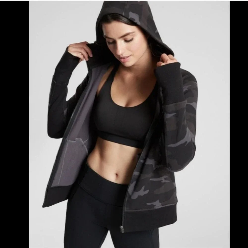 Athleta Triumph full zip black & gray camo hoodie warm up jacket, L - Picture 6 of 11